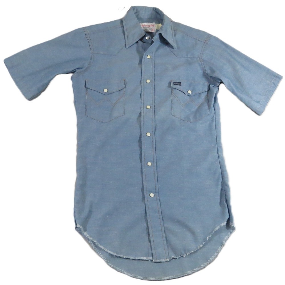 VTG Wrangler Western Pearl Snap Shirt Boys 14 Blue Chambray Short Sleeve USA 70s